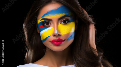 A young Colombian woman paints the national flag on her face.