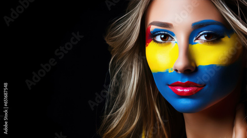 A young Colombian woman paints the national flag on her face.