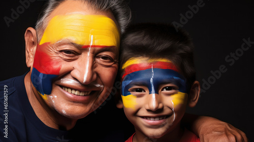 A Colombian boy and his grandfather paint the national flag on their faces