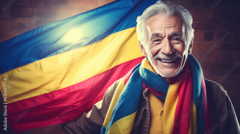 Colombian senior man cheerful with national flag