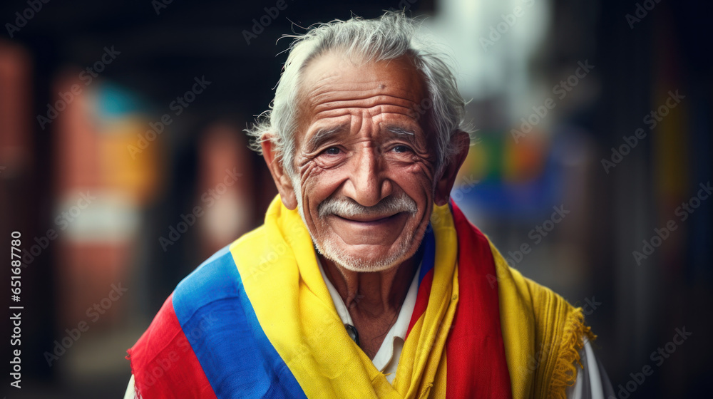 Colombian senior man cheerful with national flag Colombian senior man cheerful with national flag