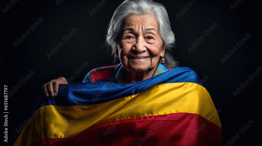 Fototapeta premium Portrait Colombia senior woman with national flag