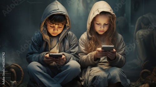 The children using mobile phone