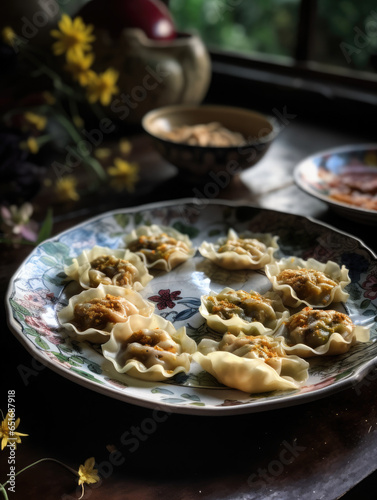 Shui lan fried wonton for chinese kung pao, in the style of flower and nature motifs AI Generated