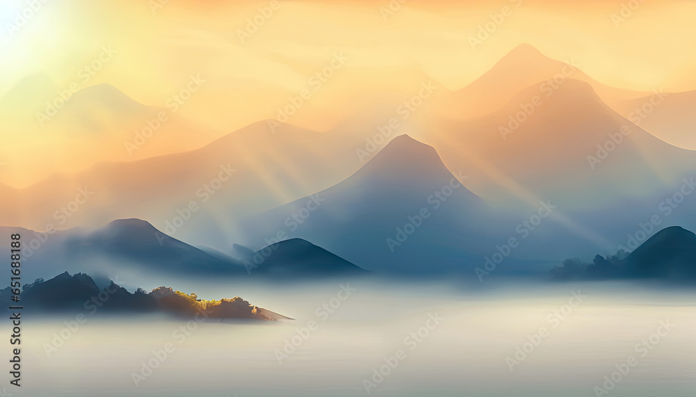 Natural fog and mountains sunlight background blurring, misty waves warm colors.