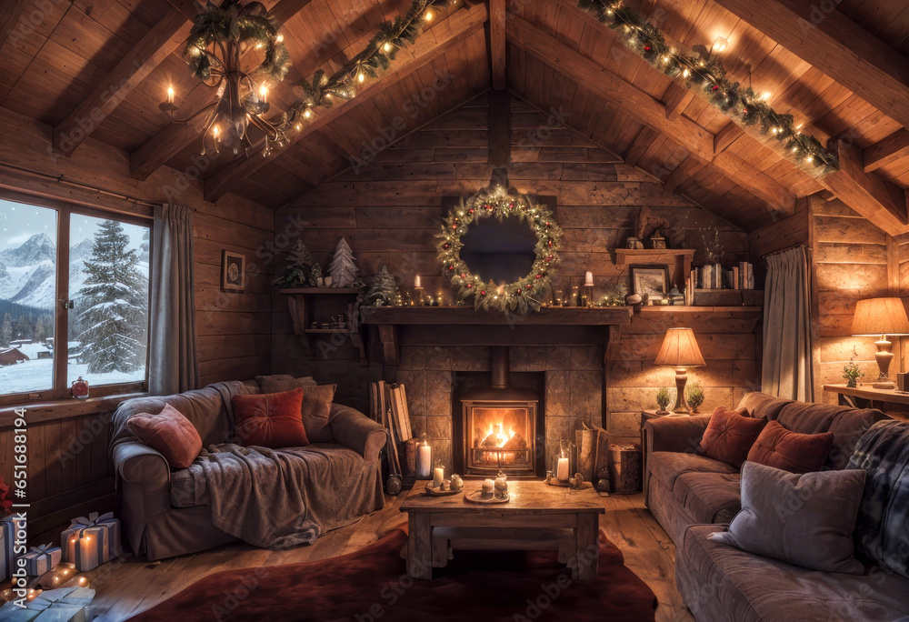 Soirée de Noël dans le salon d'un chalet en bois avec un sapin, des cadeaux et une cheminée un soir d'hiver Soirée de Noël dans le salon d'un chalet en bois avec un sapin, des cadeaux et une cheminée un soir d'hiver