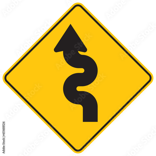 zona de curvas sucesivas la primera a la izquierda,  icono, vector, símbolo, silueta, ilustración, señal de prevención, señal color amarillo, pictograma, rombo, preventivo, señales, imagen