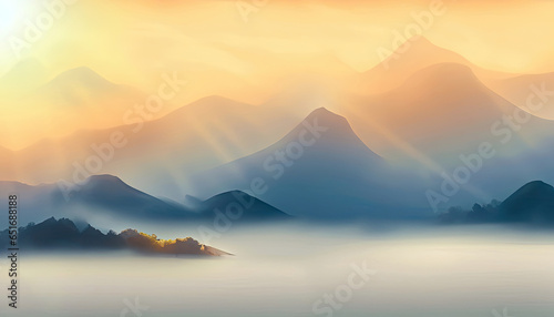Natural fog and mountains sunlight background blurring  misty waves warm colors.