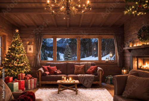 Soirée de Noël dans un chalet en bois avec un sapin et des cadeaux