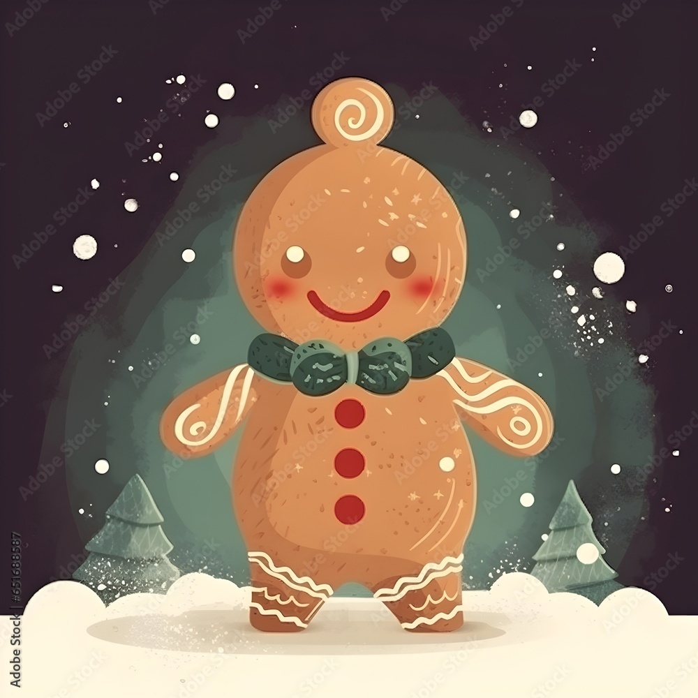 Adorable gingerbread man with a background of a Christmas tree and snowy landscape. Christmas and new year greeting background and card design.