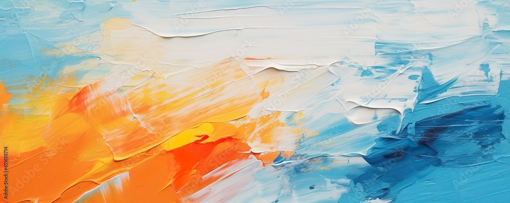 Closeup of abstract rough colorful orange blue art painting texture, with oil brushstroke, pallet knife paint on canvas, complementary colors | Generative AI
