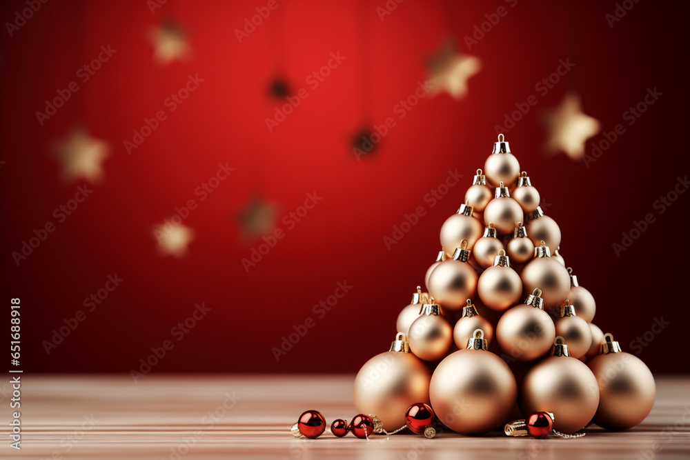 Fototapeta premium Christmas tree with gift boxes on red background Christmas background with copy space for text