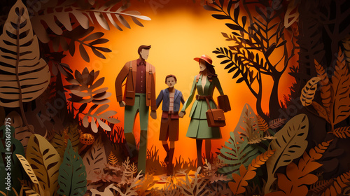 Parents with grown-up daugther, father and daughter holding hands, in a colorful autumn landscape, in the style of paper cut shapes and layered paper photo
