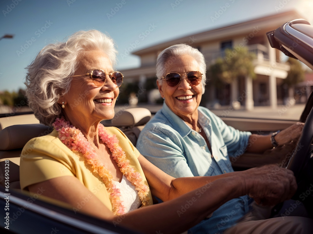 Happy senior couple driving in cabriolet car on holiday time, having fun in a road trip during summer vacation. Retirement hobby and leisure activity for elderly people. - obrazy, fototapety, plakaty 