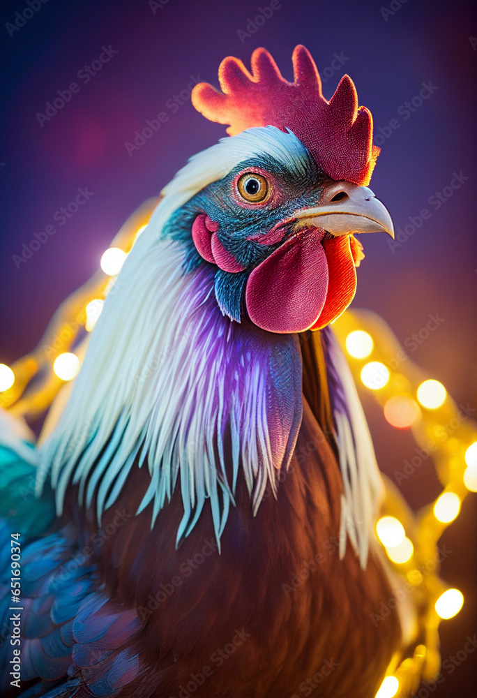 Christmas rooster in a scarf. AI Generated