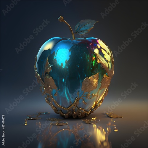 holy lightbeautiful spectral light gold apple the apple is a flashing blue light background blue drop reflection light reflection bright super clear transparent metal armor patronus transparent  photo