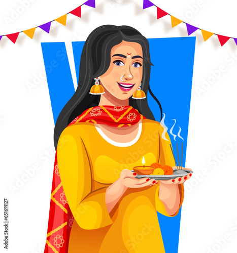 Religious woman worshiping god, holding puja thali in hand. Useful for Hindu occasions and festivals.