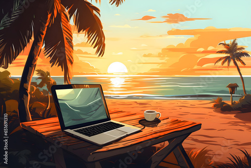 Digital working on a laptop with a cup of coffee on a wooden table on a sunset terrace overlooking the sea and beach with trees.