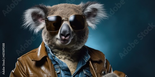 Stylish koala in a brown leather jacket and sunglasses.
