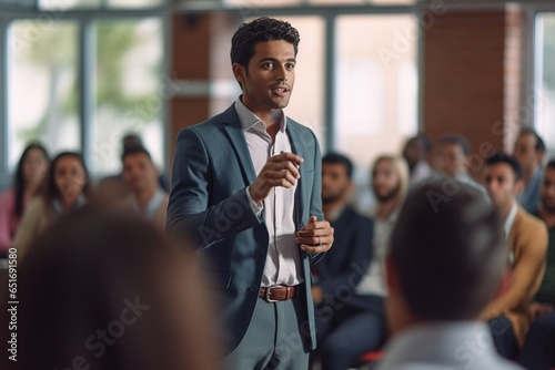 Businessman Giving a Presentation, corporate seminar speaker, boardroom speech, confident male presenter, executive public speaking photo
