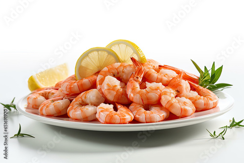 Plate of shrimp with lemon wedges on the side , Generative AI photo