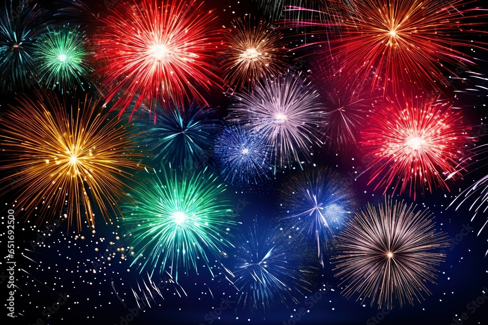 Naklejka premium HAPPY NEW YEAR 2024 - Firework silvester New Year's Eve Party festival celebration holiday background banner greeting card - Closeup of colorful fireworks pyrotechnics in the night | Generative AI