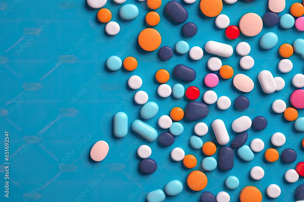 Pills is surrounded by a pile of colorful pills