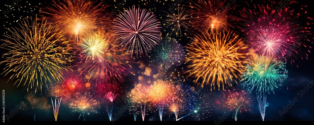 HAPPY NEW YEAR 2024 - Firework silvester New Year's Eve Party festival celebration holiday background banner greeting card - Closeup of colorful fireworks pyrotechnics in the night | Generative AI HAPPY NEW YEAR 2024 - Firework silvester New Year's Eve Party festival celebration holiday background banner greeting card - Closeup of colorful fireworks pyrotechnics in the night | Generative AI