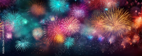 HAPPY NEW YEAR 2024 - Firework silvester New Year's Eve Party festival celebration holiday background banner greeting card - Closeup of colorful fireworks pyrotechnics in the night | Generative AI