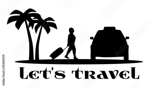 Traveler full body silhouette. Woman, elderly lady, senior with suitcase, tourist, palm trees, taxi car transport. Black vector illustrations isolated on white background.