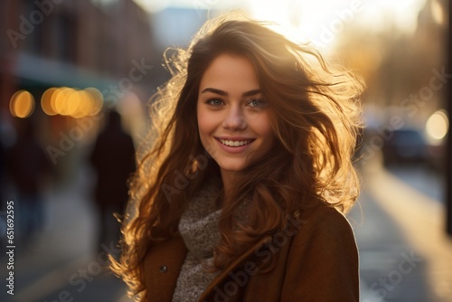Street portrait photography of a beautiful and cute woman smiling