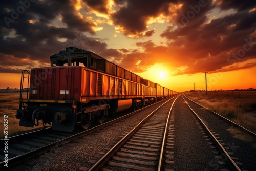 Cargo train at sunset. International train transport