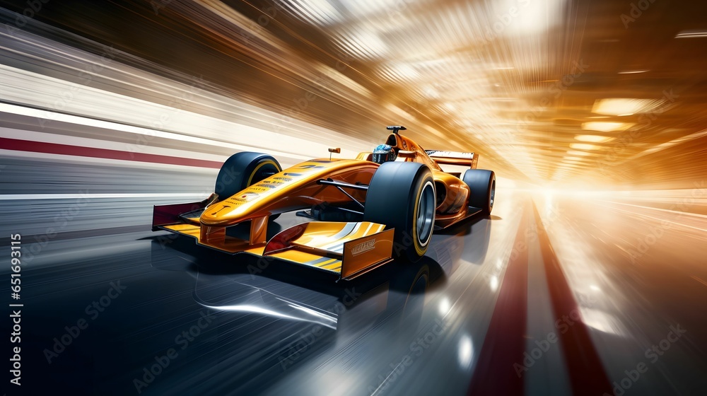 Racing car forumla 1 at high speed. A Formula 1 race at high speed on a modern track