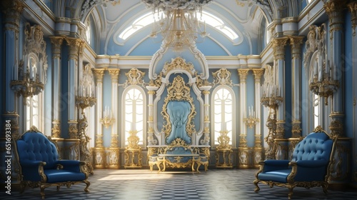Illustrate an opulent mockup of a poster frame in a Baroque-style palace with gilded  ornate furniture.