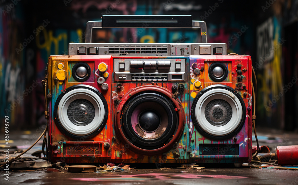 Boombox Art in Front of Graffitied Walls with Street Mural Boombox Art in Front of Graffitied Walls with Street Mural