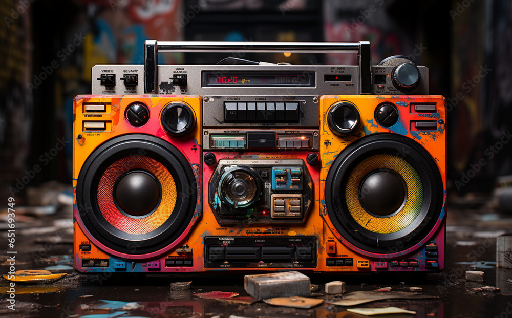 Boombox Art in Front of Graffitied Walls with Street Mural Boombox Art in Front of Graffitied Walls with Street Mural