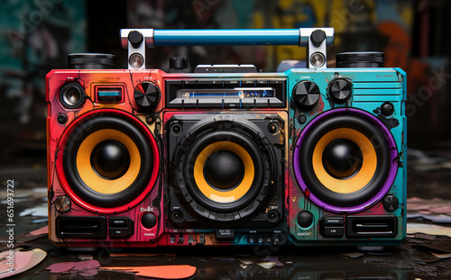Boombox Art in Front of Graffitied Walls with Street Mural