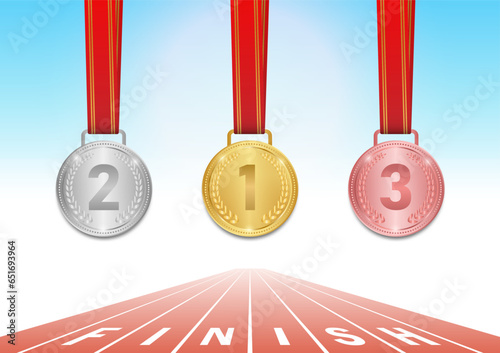 Gold, Silver and Bronze Medals  in Running Track or Athlete Track. Champion and Winning Concept. Vector Illustration.