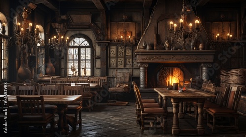 Photographie Imagine a mockup poster frame in a medieval tavern with rustic, wooden furniture
