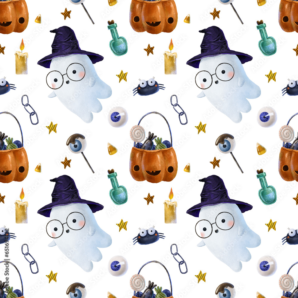Loopable pattern for Halloween with ghost in wizard black hat, pumpkin ...