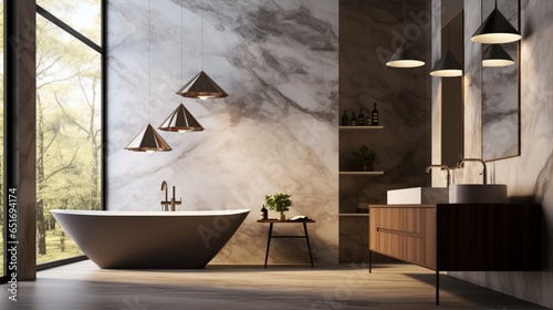 Imagine a mockup poster frame on a rough-honed marble wall in a spa-like bathroom with contemporary fixtures and furniture. photo