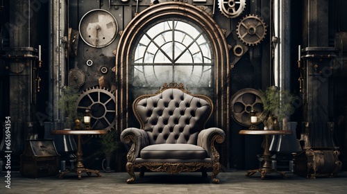 Imagine a mockup poster frame on an antiqued marble wall in a steampunk-themed office with industrial-style furniture. photo