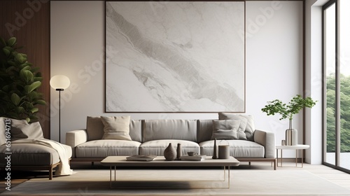 In a modern living room with fine honed marble walls, a blank poster frame hangs above a sleek sofa.