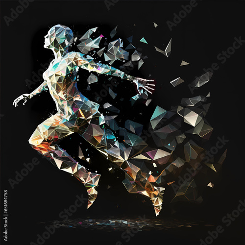 Jumping woman polygonal silhouette isolated on dark