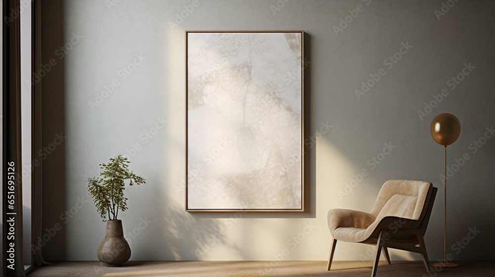 In a Scandinavian-inspired modern study room, a blank poster frame hangs on a rough honed marble wall. In a Scandinavian-inspired modern study room, a blank poster frame hangs on a rough honed marble wall.