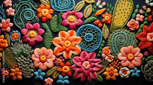 close-up fabric texture with embroidered Mexican cactus, flowers, and geometric pattern