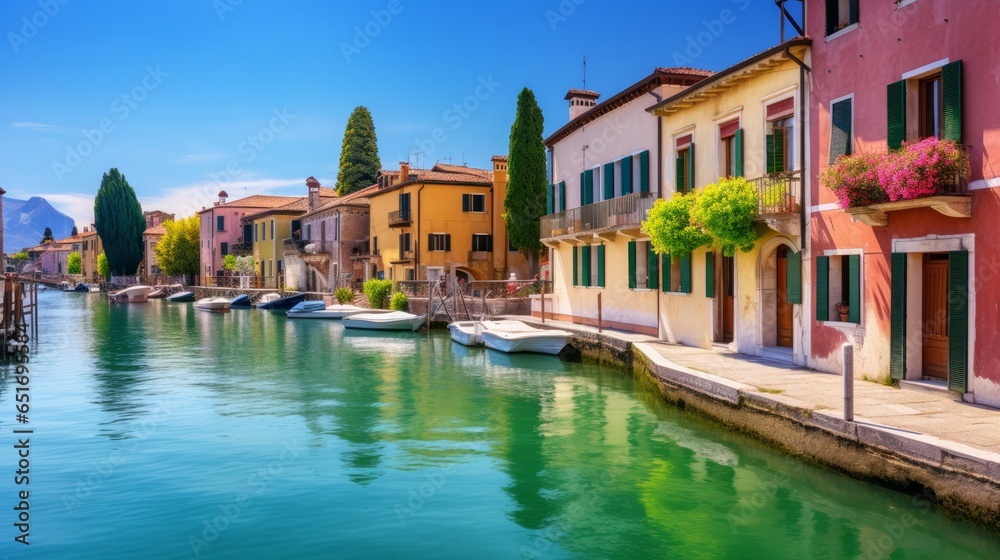 Peschiera del Garda, a picturesque village adorned with colorful houses, nestled along the stunning shores of Lake Lago di Garda in the Verona province of Italy - obrazy, fototapety, plakaty 