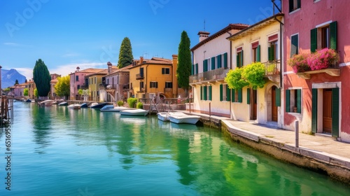 Peschiera del Garda, a picturesque village adorned with colorful houses, nestled along the stunning shores of Lake Lago di Garda in the Verona province of Italy