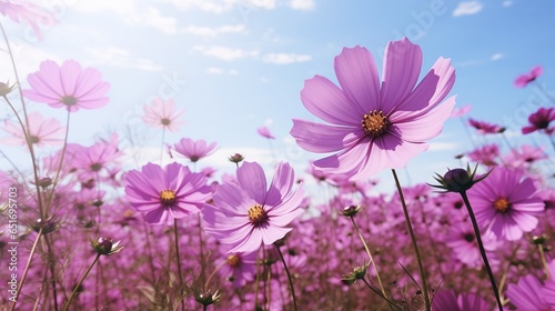 A picturesque field adorned with vibrant purple cosmos flowers  creating a breathtaking natural spectacle