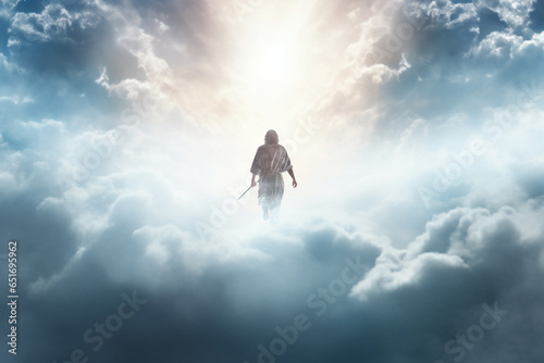 Culture and religion concept. Jesus Christ walking on clouds. Dramatic sunlight in background. Generative AI